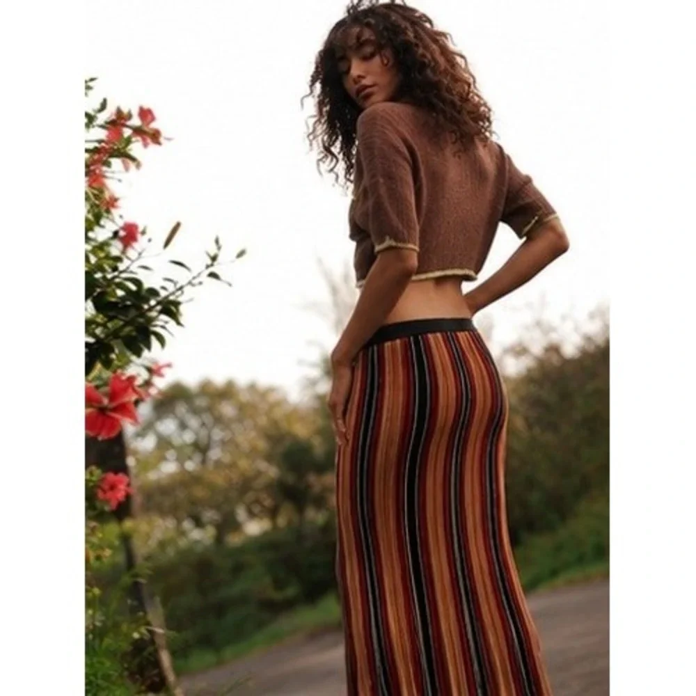 YPNO Italy Cognac Striped‎ Wool Blend Knit Maxi Skirt Size 44IT- US8 NWT